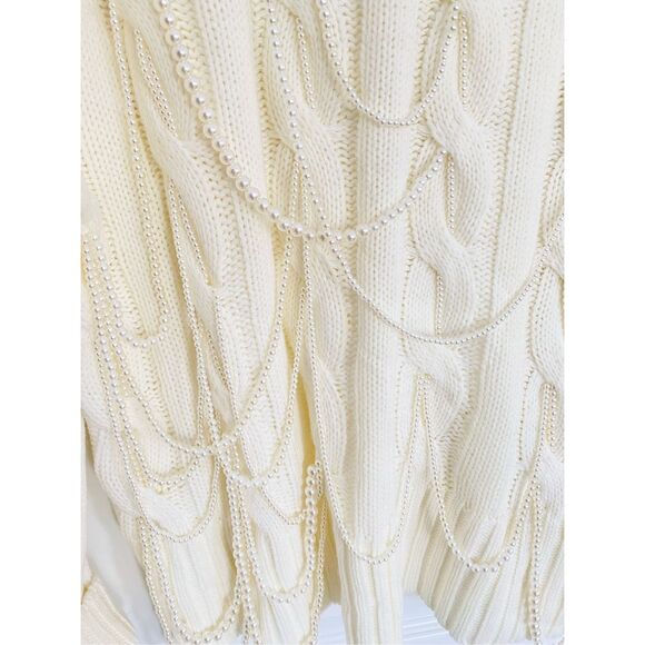 NWT Blue b Ivory Cable Knit Faux Pearls Embellished Sweater Oversized S - Picture 7 of 8